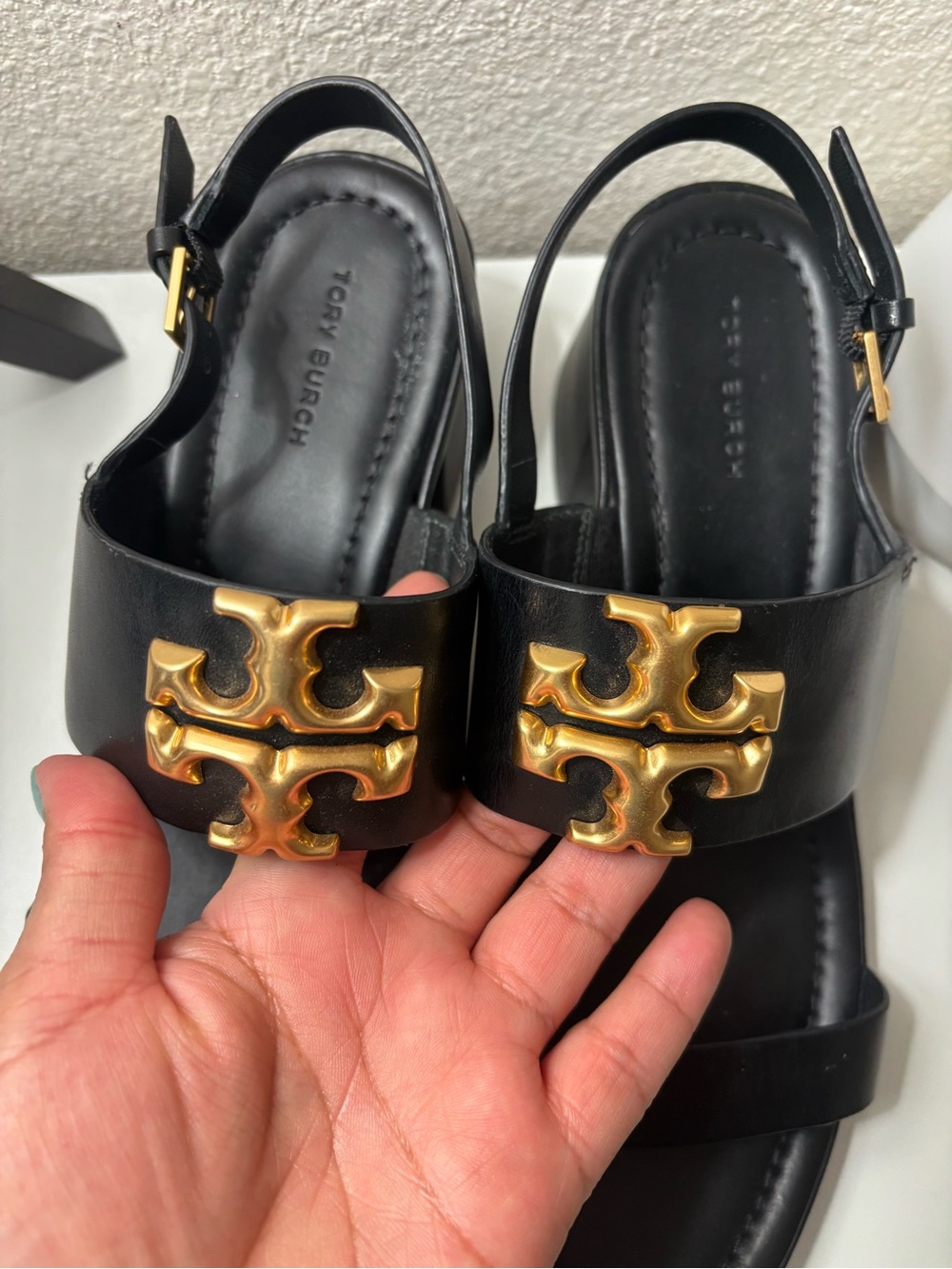 Tory Burch Black Leather Slingback Sandals with Gold Logo Medallions - Picture 2 of 6